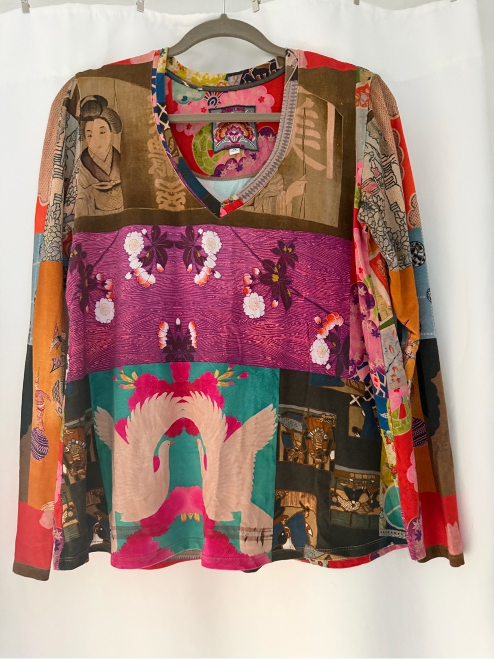 Johnny Was Crane & Floral Patchwork V-Neck Long Sleeve Top READ FOR SIZING